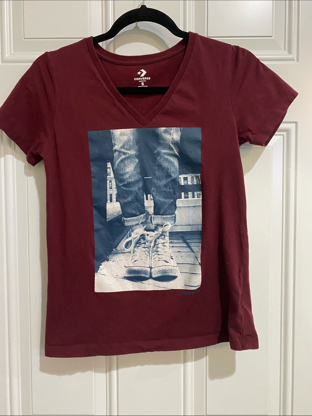 Converse Maroon V-Neck Tee with Blue Sneaker Photo Print